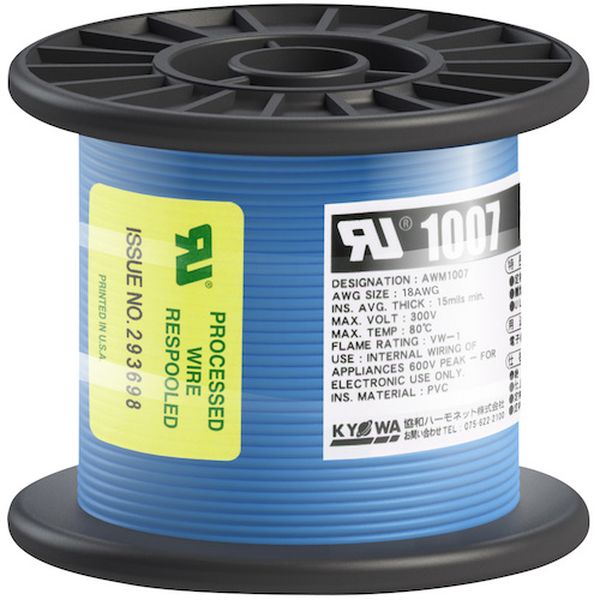・UL WL-1及び電気用品安全法-F-の難燃試験に合格します。・UL・CSA共用です。・色：青・芯数：1・全長(m)：50・定格：300V・外径寸法(mm)：約2.0・導体(より線)断面積：AWG18・定格温度(℃)：80・許容電流(A)：15・定格温度80℃・生産国 日本・JANコード 4930393109188・質量 670g・コード：562-8543 ・品目：UL1007AWG1850MBLUL1007楽天 JP店　