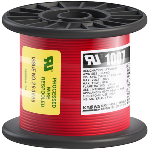 ・UL WL-1及び電気用品安全法-F-の難燃試験に合格します。・UL・CSA共用です。・色：赤・芯数：1・全長(m)：50・定格：300V・外径寸法(mm)：約2.0・導体(より線)断面積：AWG18・定格温度(℃)：80・許容電流(A)：15・定格温度80℃・生産国 日本・JANコード 4930393109140・質量 670g・コード：562-8620 ・品目：UL1007AWG1850MRDUL1007楽天 JP店　