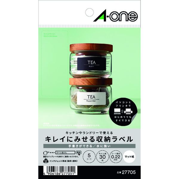 ・インクジェットプリンタで印刷した文字やイラストが水に濡れても滲まず、キッチンやランドリーでご使用いただけます。・筆記具を選ばず手書きでもご使用いただけます。・豊富なテンプレートで自分だけの収納ラベルが簡単に作成できます。・色：白・面付：3列×2段(6面)・1パック内：30片・ラベルサイズ(mm)縦：64・ラベルサイズ(mm)横：26・シートサイズ：A6・ラベルサイズ(mm)縦×横：64×26・総厚さ：0.22mm、ラベル厚さ：0.11mm・シートサイズ：A6・インクジェット専用・上質紙＋インクジェット専用塗工・生産国 日本・JANコード 4906186277051・質量 20g・コード：149-4603 ・品目：2770527705楽天 JP店
