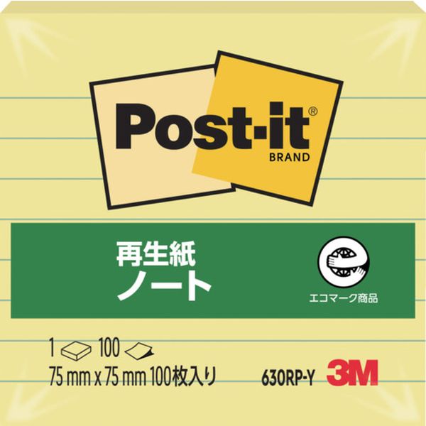 ・古紙100%の再生紙を使用し、環境保全を考え、資源をムダなく使用しています。・正方形タイプで、ちょっとした詳しい伝言、情報整理などに便利なサイズです。・色：イエロー・縦(mm)：75・横(mm)：75・パック入数：100枚×1冊・サイズ：75×75mm・タイプ：罫線入り・罫線入・本体：古紙パルプ配合率100%の再生紙・粘着剤：アクリル系粘着剤・生産国 アメリカ・JANコード 4548623440781・質量 42g・コード：104-5194 ・品目：630RPY630RP-Y楽天 JP店