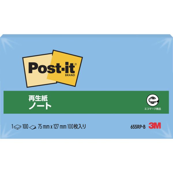 ・古紙100%の再生紙を使用し、環境保全を考え、資源をムダなく利用しています。・たっぷり書き込める大判サイズです。・詳しい伝言や記録、掲示や在庫整理などにも使えます。・色：ブルー・縦(mm)：75・横(mm)：127・パック入数：100枚×1冊・サイズ：75×127mm・タイプ：単色・本体：古紙パルプ配合率100%の再生紙(通常粘着および強粘着パステルカラーのみ)・粘着剤：アクリル系粘着剤・生産国 アメリカ・JANコード 0021200514579・質量 68g・コード：104-2318 ・品目：655RPB655RP-B楽天 JP店