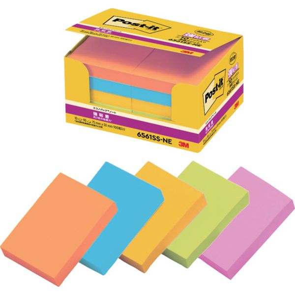 ・約2倍の粘着力(3M通常粘着比)で、パソコンや電話、キャビネットなどの樹脂面や垂直面など、つきにくかった場所にもしっかり貼れてはがれにくい製品です。・粘着力が通常の約2倍(当社通常粘着製品比)で、目にとまりやすいネオンカラーです。・樹脂製品などはがれやすかった場所にもしっかり貼れます。・色：バイタルオレンジ・ブルーパラダイス・ビビットイエロー・アシッドライム・トロピカルピンク・縦(mm)：75・横(mm)：50・パック入数：90枚×10冊・本体：古紙パルプ配合率100%の再生紙(パステルカラーのみ)・粘着剤：アクリル系・生産国 アメリカ・JANコード 4549395526208・質量 300g・コード：835-5137 ・品目：6561SSNE6561SS-NE楽天 JP店