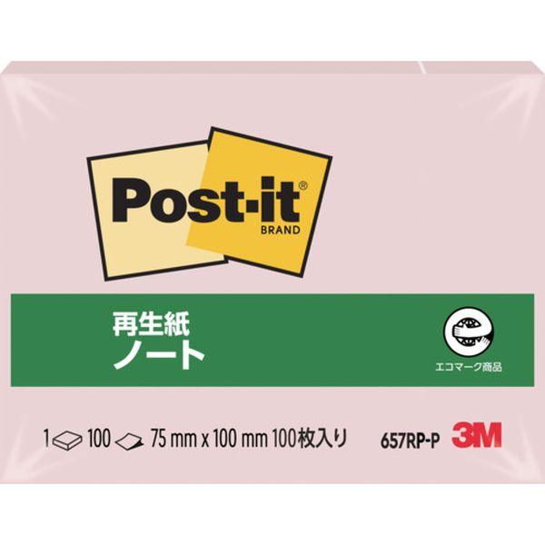 ・古紙100%の再生紙を使用し、環境保全を考え、資源をムダなく利用しています。・たっぷり書き込める大判サイズです。・詳しい伝言や記録、掲示や在庫整理などにも使えます。・色：ピンク・縦(mm)：75・横(mm)：100・パック入数：100枚×1冊・サイズ：縦75mm×横100mm・本体：古紙パルプ配合率100%の再生紙(通常粘着および強粘着パステルカラーのみ)・粘着剤：アクリル系粘着剤・生産国 アメリカ・JANコード 0021200514630・質量 52g・コード：104-2347 ・品目：657RPP657RP-P楽天 JP店