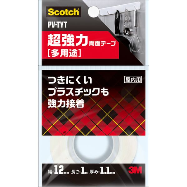 ・つきにくいプラスチックにも高い接着力を発揮します。・接着力の強い両面テープです。・ねじや釘を使わずに、多様なものを粘着・固定できます。・屋内のプラスチックやステンレスなど、多用途に使用可能。・色：白・幅(mm)：12・長さ(m)：1・厚さ(mm)：1.1・テープカット条件：ハサミ、カッター・粘着力(N/10mm)：32・使用温度範囲(℃)：-20〜80℃・粘着力：32N/10mm(90°剥離力JIS Z1541)・使用温度範囲：-20〜90℃・JIS規格＜Z1541＞1種レベル(構造用接合部)・切断にはカッターが必要・荷重の目安(テープ2cm相当)：ポリエチレン約650g、ポリプロピレン約650g、ステンレス約650g・基材：アクリルフォーム・粘着剤：アクリル系・接着力が強いため、はがす際に接着面を傷めることがあります。・破損しやすい物や、落下した際に危険な場所へは使用しないでください。・テープ本来の接着力を発揮するまでに約1日かかります。その間はテープに強い力を与えないで下さい。・水分に触れるような場所や、浴室など湿度が高いところでは使用しないでください。・冬など、気温10℃以下では接着しにくくなります。ドライヤーなどでテープと貼るもの、貼る場所をあたためてからご使用下さい。・生産国 日本・JANコード 4548623782829・質量 16g・コード：436-0575 ・品目：PVTYTPV-TYT楽天 JP店
