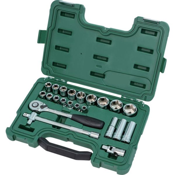 ・汎用性の高いソケットレンチセットです。・人間工学に基づいたグリップで、長時間の作業も快適です。・薄型設計の本体部分とヘッドで、狭い場所でもスムーズに作業できます。・見やすい刻印により、作業中でも簡単にサイズ確認ができます。・クロムバナジウム鋼 (Cr-V) により、優れた強度と耐久性を実現できます。・SATA独自設計によりナメにくいです。・保管と整理に便利な耐久性のあるツールケースが付きます。・光沢仕上げなため、汚れを簡単に拭き取ることができます。・生産工場、設備メンテナンスでの工具の収納や運搬に。・差込角(mm)：12.7・セット内容(点)：23・ソケット内容(mm)：10，11，12，13，14，15，16，17，18，19，22，24，27，30，32，34・ハンドル内容：250mm・ケース色：緑・クロムバナジウム鋼・生産国 中国・JANコード 6920694303031・質量 2.820kg・コード：695-8228 ・品目：0900509005楽天 JP店