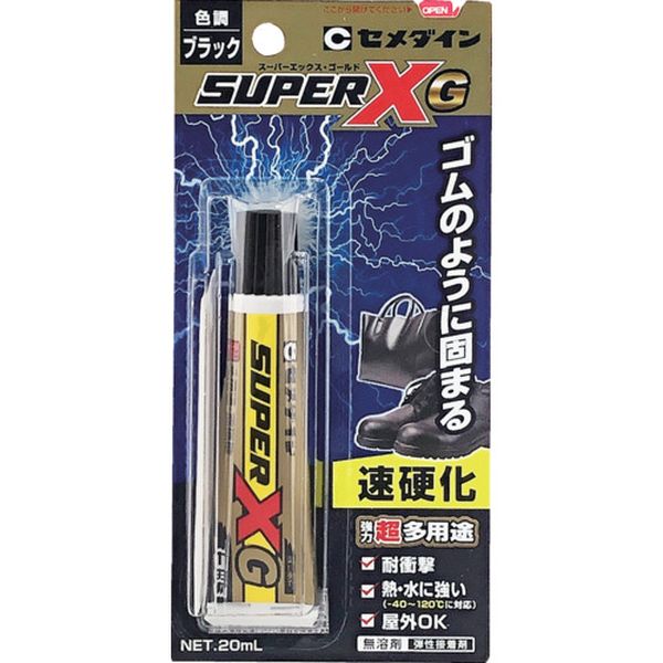 ・超多用途、速硬化、ショックに強くハガレにくい接着剤です。・熱・水に強く(-40〜120℃)屋外にも使用できます。・タレが少なく、軽量物なら仮止め不要です。・肉やせがなく、いやなニオイも少ないタイプです。・柔らかい素材の柔軟性を失いません。・日本接着剤工業会 JAIA F☆☆☆☆規格品、 4VOC基準適合品です。・金属、硬質プラスチック、軟質塩化ビニル等の接着に。・コンクリート、タイル、合成ゴム、皮革、木材等の接着に。・色：黒・容量(ml)：20・容量(L)：0.02・使用温度範囲(℃)：-40〜120・チューブタイプ・スーパーXシリーズ・主成分：変成シリコーン樹脂・ヘラ・※接着できないもの：ポリエチレン、ポリプロピレン、フッ素樹脂、ポリアセタール、ナイロン、シリコーンゴム等。・生産国 日本・JANコード 4901761528740・質量 55g・コード：680-7604 ・品目：AX271AX271楽天 JP店