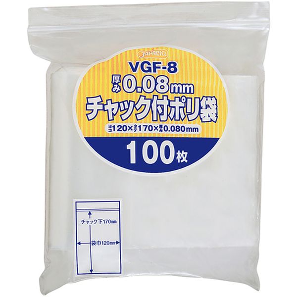 ・厚口なのでボルト、ネジ、ナットなど工業製品の整理保管にも最適です。・用途に合わせて使い方いろいろです。・タテのサイズはチャック下のサイズです。・尖ったものの整理整頓に。・色：透明・縦(mm)：170・横(mm)：120・厚さ(mm)：0.08・食品衛生法適合(ポジティブリスト適合)・低密度ポリエチレン(LDPE)・複数の国で製造しているため他の製造国が届く場合もございます。・生産国 中国・JANコード 4521684312099・質量 391g・コード：453-6516 ・品目：VGF8VGF-8楽天 JP店