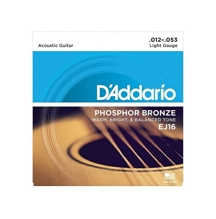 D'Addario ダダリオ アコースティックギター弦 フォスファーブロンズ Light .012-.053 EJ16【国内正規品】 商　品　説　明 定番中の定番、ダダリオ！アコースティックギター用のフォスファーブロンズ弦、ライトゲージです。Acoustic Guitar StringsDAddario / EJ-16 / Light.012 .016 .024 .032 .042 .053 商　品　仕　様 メーカー D'Addario ダダリオ &nbsp; 弦数 6 セット内容 Light.012 .016 .024 .032 .042 .053&nbsp; 保　証　に　つ　い　て ■メーカー保証なし 記載の注意事項を除く初期不良品の場合のみ、商品到着から1週間以内のみ対応いたします。 ご到着後はお早めに商品状態をご確認ください。 注　意　事　項 ●こちらの商品は、新品です。 ●モニター環境により、実際のカラーと異なって見える場合がございます。 ※商品の発送は定形外郵便での発送となります。（代引支払は不可、荷物の追跡不可）※この商品は運送便の都合上、化粧箱を外して簡易包装で発送する場合がございます。プレゼント用にご購入される場合はご注意願います。＜定形外郵便に関する注意事項＞ 　　・ 定形外郵便に関しては基本的にポストに投函する為、 配達時に何らかのトラブル等が有り、万一、購入された商品が配送事故・紛失・破損等によりお手元に届かない場合でも弊社は責任を負いかねますので予めご了承下さい。（配送中の事故等は、免責とさせて頂きます。） 　　・ 定形外郵便に関しては代金引換払い及び時間指定サービスはご利用頂けません。 　　・ 通常便と比べると到着までに時間がかかります。 　　・ 伝票番号による荷物の追跡を行うことはできません。