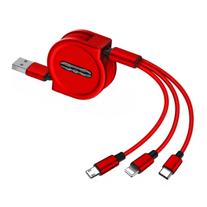 MicroUSB Type-C iPhone 3in1 巻き取り 充電ケーブル 《レッド》 最長1.2m USBケーブル マルチ充電ケーブル マイクロUSB タイプC iphone 定形外郵便 送料無料 代引不可