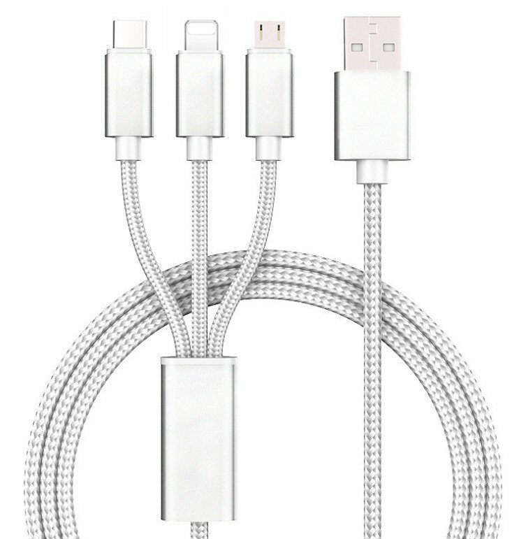 2.1A高速充電 3in1 充電ケーブル 《シルバー》 Type-C MicroUSB iPhone ナイロン編み タイプC マイクロUSB Android スマホ[定形外郵便、送料無料、代引不可]