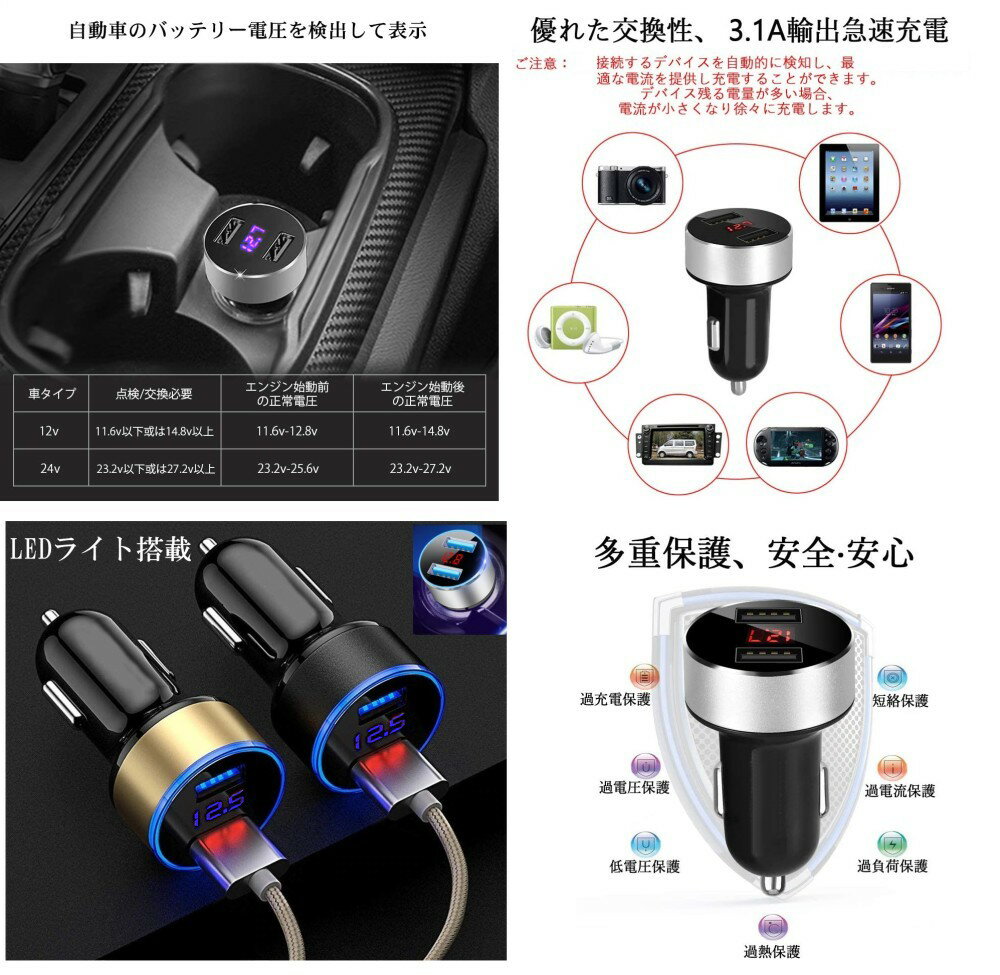 USB2ポート カーチャージャー 《シルバー》 シガーソケット スマホ 合計3.1A 急速充電 電圧計 車載 12V 24V[定形外郵便、送料無料、代引不可] 2