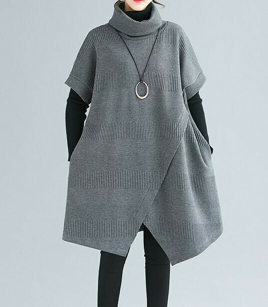 ニット ワンピース ゆったり 体型カバー シンプル カジュアル 動きやすい 切替え 変形 ハイネック 半袖 30代 40代 50代 春 秋 冬 グレー ブラック L XL