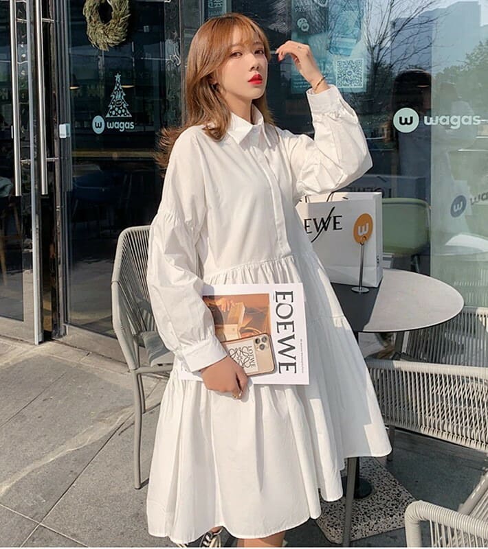 Rakuten - レディース ワンピース シャツ シンプル フレア ティアード 春 夏 秋 Aライン 前後差 可愛い お嬢様 10代 20代 30代 ドレス フェミニン 大人 カジュアル きれいめ ガーリー ひざ丈 ゆったり 体型カバー パフ袖 ハイウエスト エレガント 切り替え 無地 大きめ 妊婦 ママ
