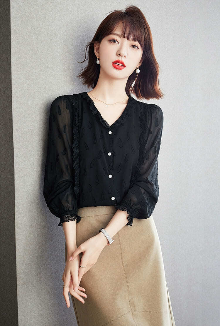 樂天商城 - 韓国 ファッション レディース 長袖 レース カットソー トップス 透け感 上品 セクシー きれいめ エレガント デート おしゃれ 10代 20代 30代 春 夏 秋 黒 ブラック ブラウス 通勤