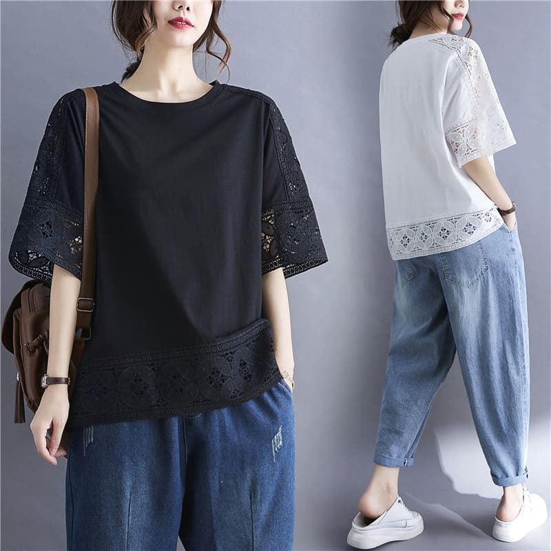 Rakuten - 韓国 ファッション レディース 半袖 カットソー トップス 無地 上品 セクシー きれいめ エレガント デート おしゃれ 30代 40代 50代 60代 春 夏 体型カバー ふんわり ゆったり　レースデザイン 5分袖 クルーネック ラウンドネック 透け 楽ちん カジュアル ガーリー シンプル