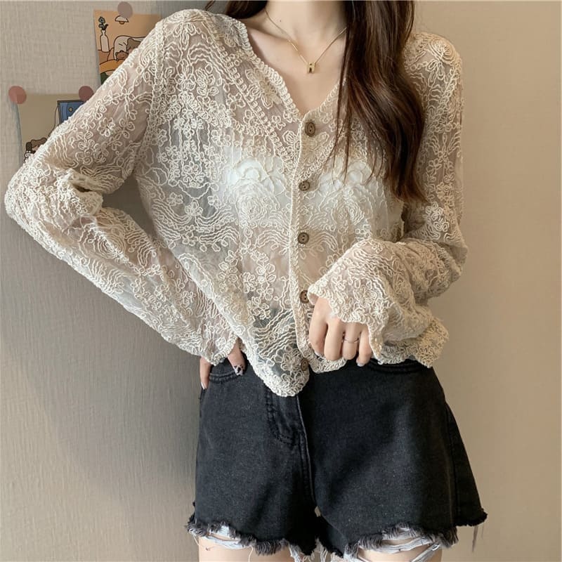 乐天商城 - レディース レース 春 夏 秋 トップス ホワイト アプリコット 綺麗 上品 フォーマル お出掛け 通勤 おしゃれ 長袖 カジュアル カーディガン 刺繍 前開き 冷房対策 シアー Vネック チュール 透かし編み フレア 可愛い お洒落 肌魅せ シンプル 美ライン ベーシック 総柄
