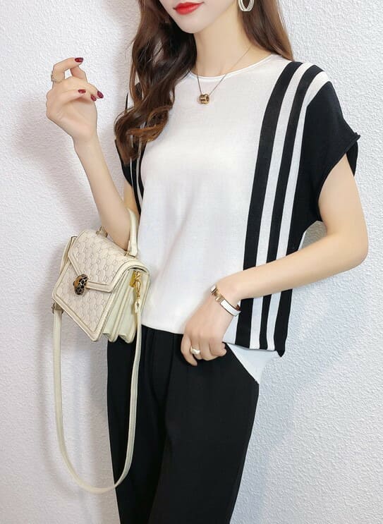 Rakuten - トップス ブラウス 春 夏 秋 体型カバー ボリューム ドルマンスリーブ ゆったり カジュアル 大きいサイズ 柔らかい 20代 30代 40代 50代 綺麗 韓国 通勤 黒白 差し色 薄型 ニット 半袖 レディース Tシャツ