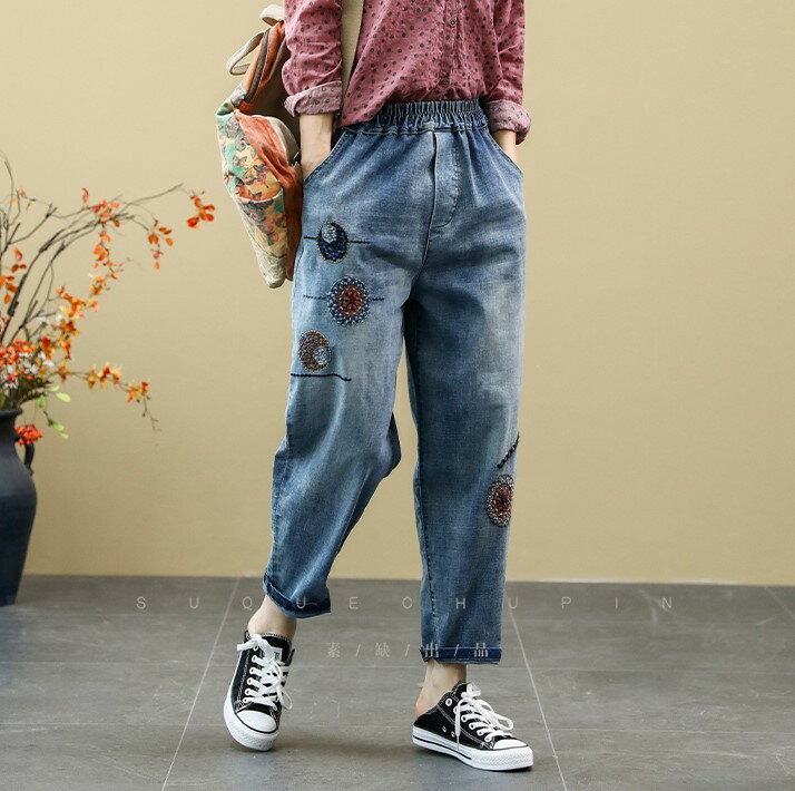 乐天商城 - ジーンズ デニム クロップドパンツ 薄手 ウエストゴム 刺繍 ハイウエスト 九分丈 レディース ルーズ 春 夏 秋 レトロ 10代 20代 30代 40代 50代 おしゃれ かわいい 上品 ロールアップ