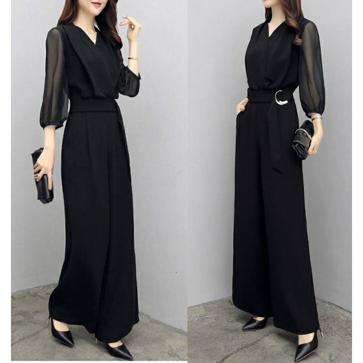 オールインワン パンツ 大きいサイズ 韓国　フレア イベント 結婚式 二次会 お呼ばれ 上品 きれいめ フォーマル ドレス 無地 長袖 レディース パーティー ボリューム パンツドレス ロング 大人 可愛い 体型カバー 人気 体型カバー ウエストマーク ブラック