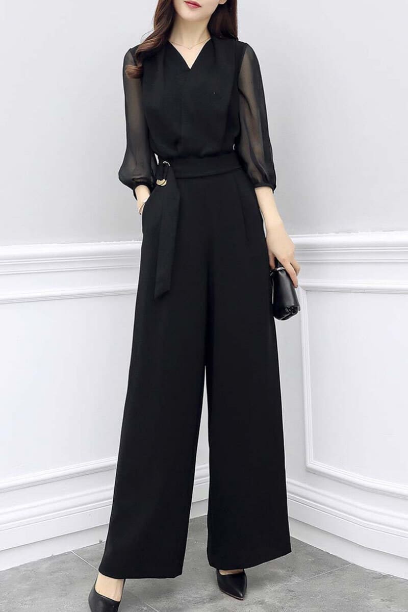 オールインワン パンツ 大きいサイズ 韓国　フレア イベント 結婚式 二次会 お呼ばれ 上品 きれいめ フォーマル ドレス 無地 長袖 レディース パーティー ボリューム パンツドレス ロング 大人 可愛い 体型カバー 人気 体型カバー ウエストマーク ブラック