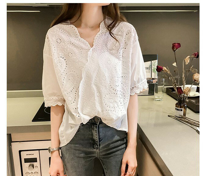 レディース トップス シャツ 半袖 レース フリル シースルー 韓国 ファッション ガーリー 大人 カジュアル 大きいサイズ 10代 20代 30代 40代 ホワイト レース 春 夏 体型カバー ゆったり カシュクール