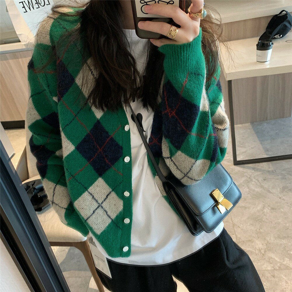 Rakuten - アウター レディース おしゃれ 10代 20代 30代 40代 オーバーサイズ あったかい グリーン カジュアル お出掛け ルーズ かわいい 韓国 カーディガン 幾何学 長袖 羽織り トップス ゆったり きれいめ ガーリー ファッション