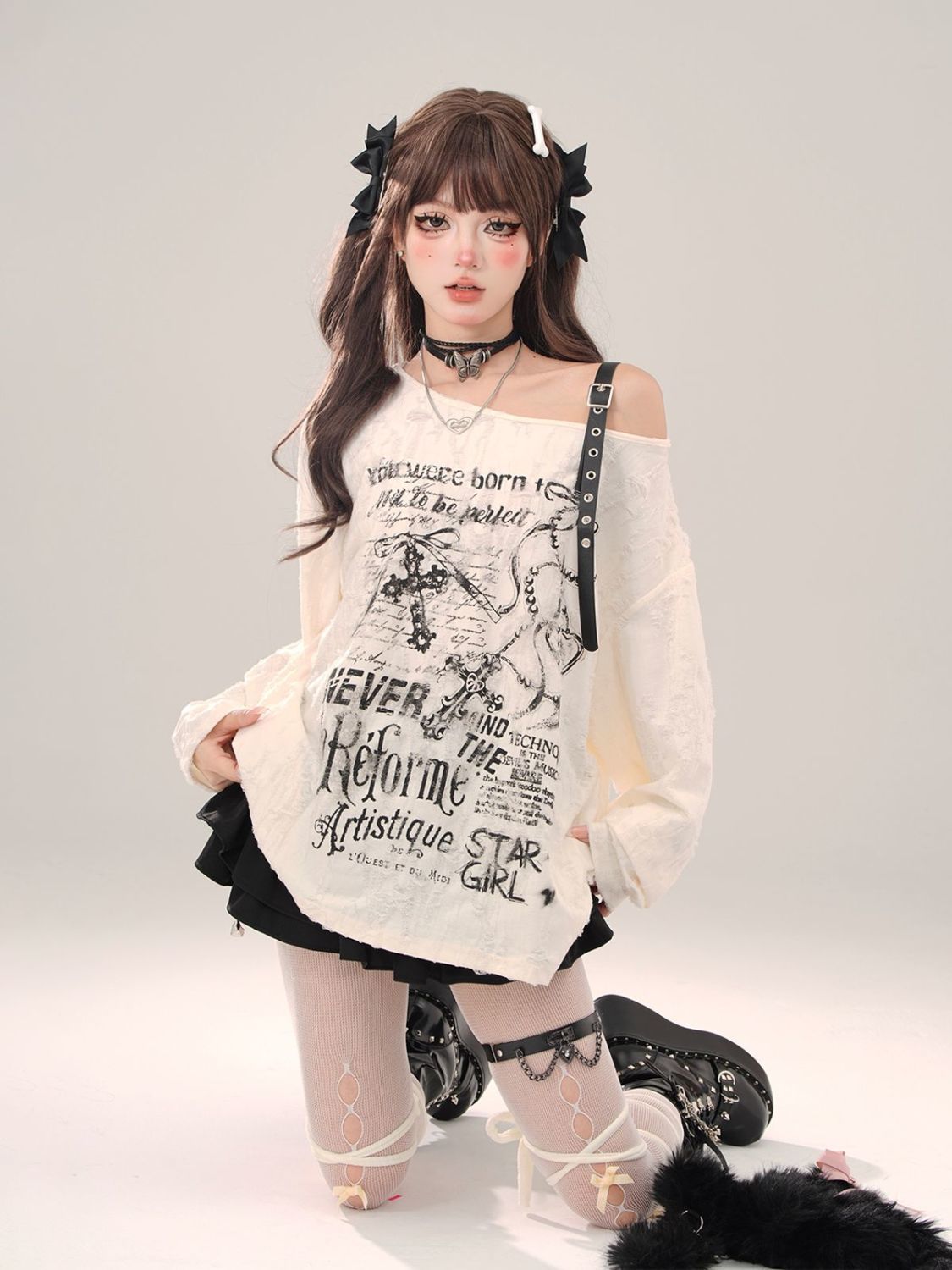 Rakuten - サブカル系 地雷系 ゴシック系 人気 ホワイト グレー 長袖 春 秋 ルーズ ストリート メンヘラ V系 ヴィジュアル系 服 ファッション ビッグシルエット レディース ゆったり ベルト