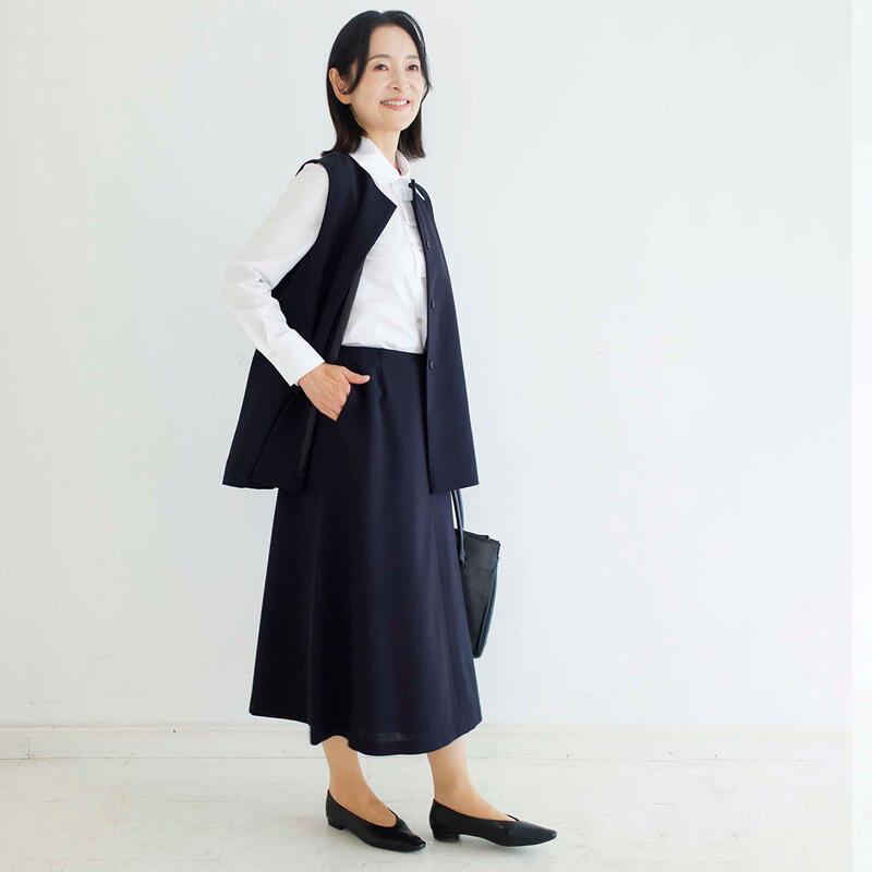 尾州 ウール100% ダブルクロス ジレ フレア スカート キュプラ 裏地 七五三 入学式 卒業式 結婚式 セレモニー ネイビー 紺 ママ 母 母親 おしゃれ ...