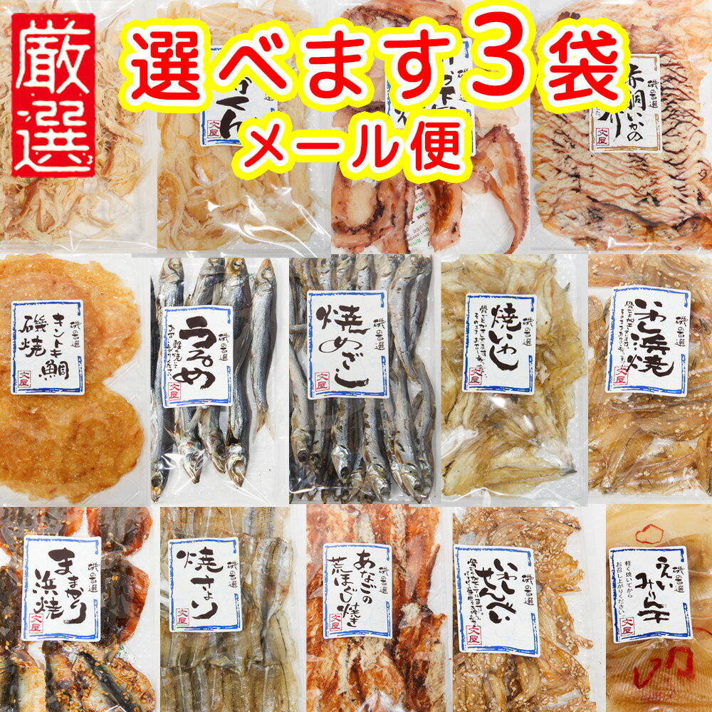 厳選おつまみ 選べます3袋セット 磯の百選品 送料無料 ポスト便 おつまみ おやつ 朝食の友 干物 宴会 福山市文屋 珍味