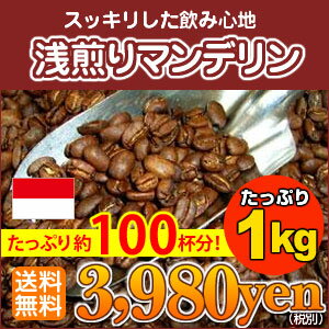 高騰中！スッキリした飲み心地「浅煎りマンデリン」たっぷり1kg（約100杯分）送料無料※ギフト対応不可