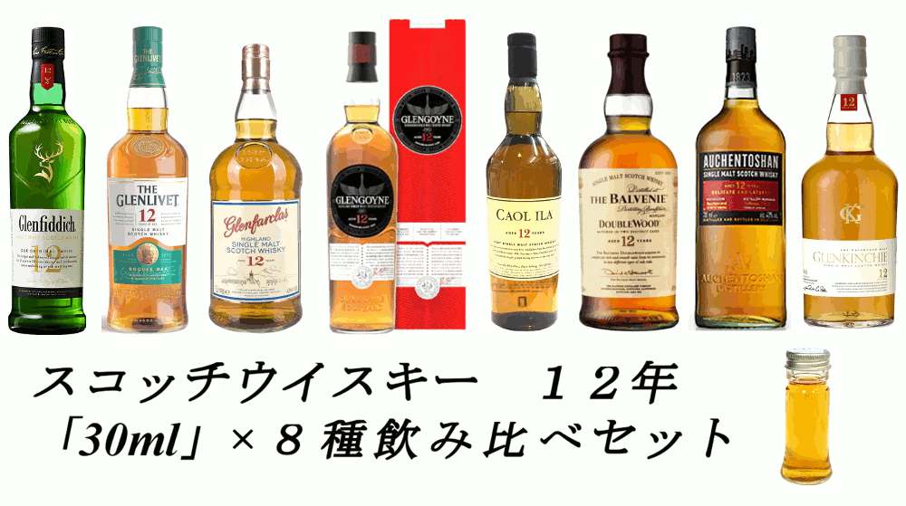 グレンフィディック12年　 グレンリベット12年　 グレンファークラス12年 グレンゴイン12年　 カリラ 12年　 バルヴェニー12年ダブルウッド　 オーヘントッシャン12年　 グレンキンチ12年 各 30ml or 100ml 詰め替えて、8種類を楽しめるセットです。 各ウイスキーの説明書同梱致します。 楽しんで頂ければと思います。 ギフト対応はできません。 ギフト要望をいただいてもお応えできませんので、予めご了承ください。 遠方の追加料金について ■北海道＋1000円・沖縄＋800円、東北6県＋700円　別途遠方料金が必要です。 「お酒は20歳から！未成年者への酒類の販売は固くお断りしています！」 その他のセットもご検討ください &nbsp;　&nbsp;&nbsp;&nbsp;&nbsp;&nbsp;&nbsp;&nbsp;&nbsp; &nbsp;　　 　&nbsp;&nbsp;&nbsp;&nbsp;&nbsp; 　　&nbsp; &nbsp;遠方の追加料金について ■北海道＋1000円・沖縄＋800円、東北6県＋700円　別途遠方料金が必要です。 グレンフィディック12年　 グレンリベット12年　 グレンファークラス12年 グレンゴイン12年　 カリラ 12年　 バルヴェニー12年ダブルウッド　 オーヘントッシャン12年　 グレンキンチ12年 各 30ml or 100ml 詰め替えて、8種類を楽しめるセット 各ウイスキーの説明書同梱致します。 楽しんで頂ければと思います。