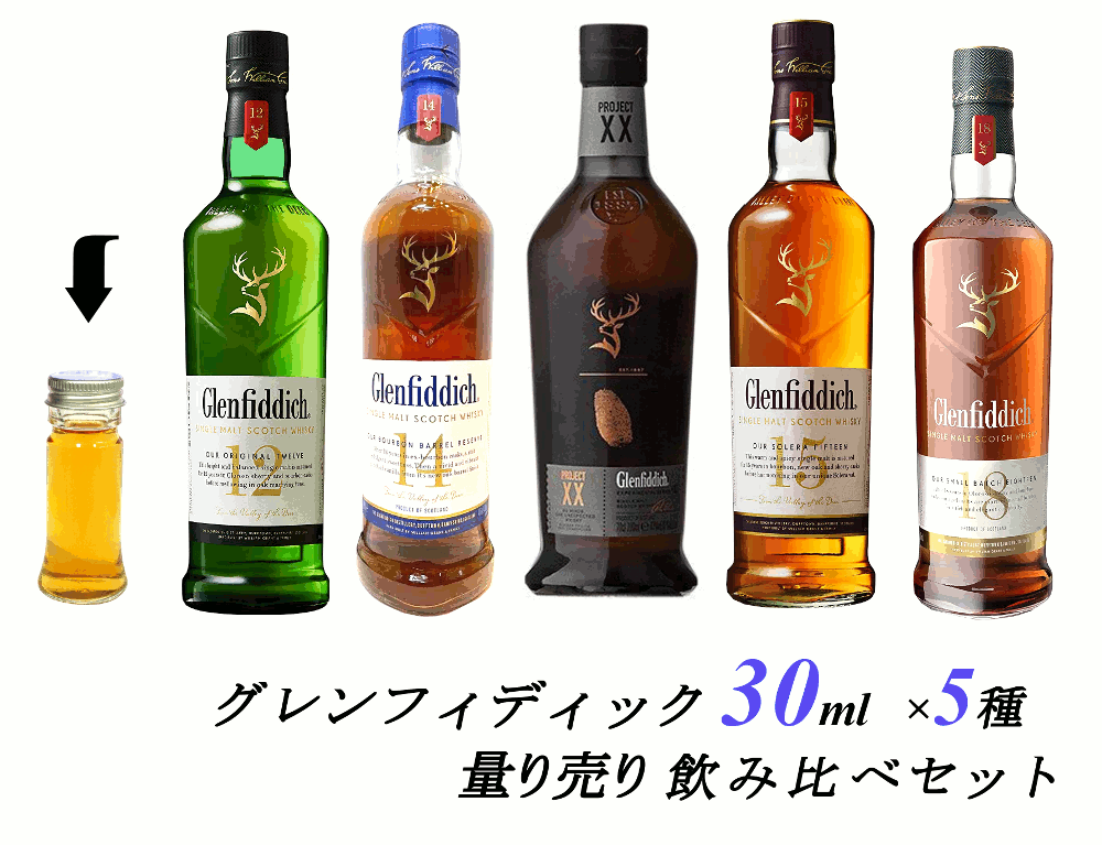 【量り売り】【送料無料（一部地域除く）】グレンフィディック　スコッチウイスキー 各30ml 5種 おすすめ 飲み比べセット　詰め替え　量り売り　お試しです。【あす楽】【 アイラ　ウィスキー お酒 洋酒 自宅用 ご自宅用 家庭用 酒 ホームパーティ 宅飲み 家飲み バー気分 】