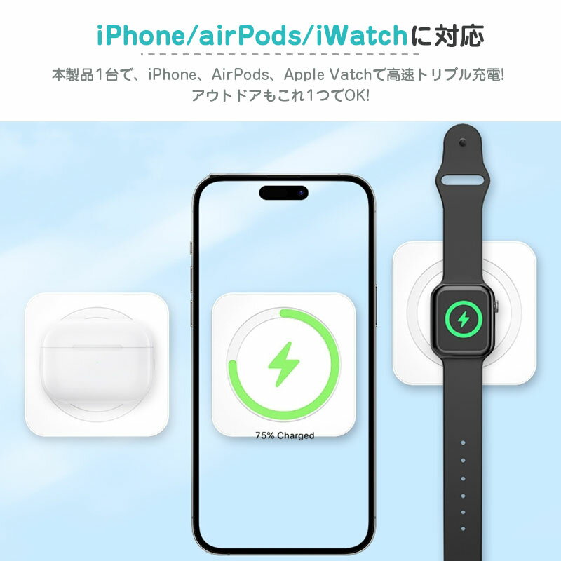 ��Х���Хåƥ꡼ 3in1 5000mAh ����15W���� �����磻��쥹���� �ޥ��ͥåȼ� ����ѥ��� �磻��쥹���Ŵ� ���åץ� �����å� Ʊ������ iPhone15 13 12 Apple Watch AirPods magsafe�б� iphone ���Ŵ� apple watch ���Ŵ� ����