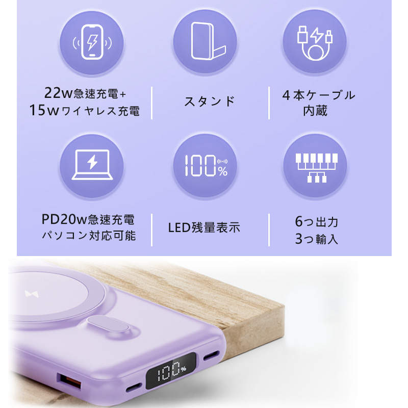 HIRO Online Shopのモバイルバッテリー 10000mAh 有線充電 大容量 20WPD急速充電 15W磁気ワイヤレス充電 マグネット式 コンパクト iPhone Android対応 デジタル残量表示 4台同時充電可 ケーブル内蔵 折畳みプラグ Type-C入力ポート 軽量 防災グッズ｜アングル2