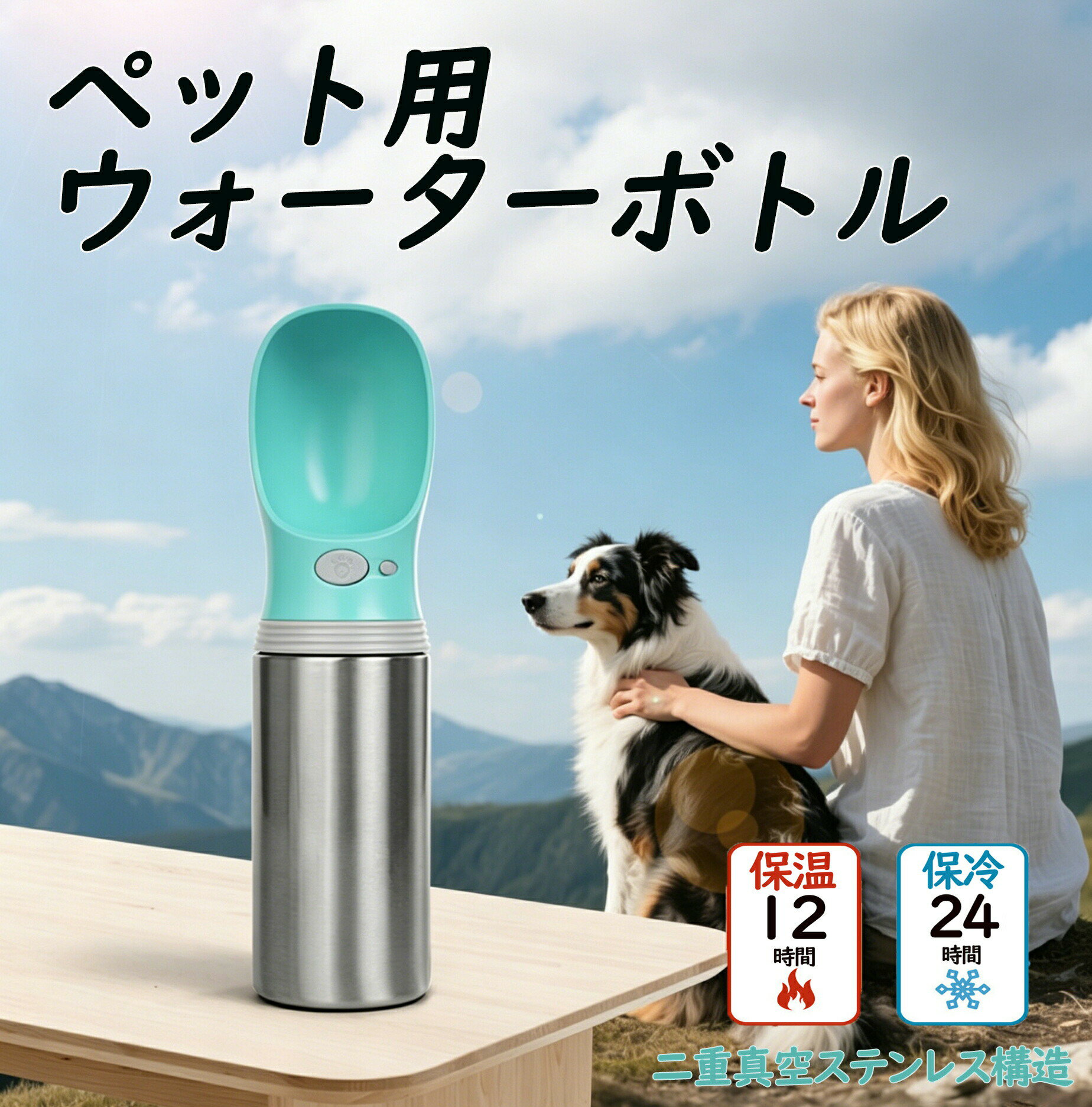 ペット用ウォーターボトル 保冷・保温 ステンレス 400ml 犬グッズ ペット用品 ペット 水 水飲み ボトル 犬 ペットボトル ペット給水器 犬 グッズ 散歩 外出 ドライブ 旅行 漏れ防止 ワンタッチ 犬 猫 ドライブ 旅行 夏 熱中症対策