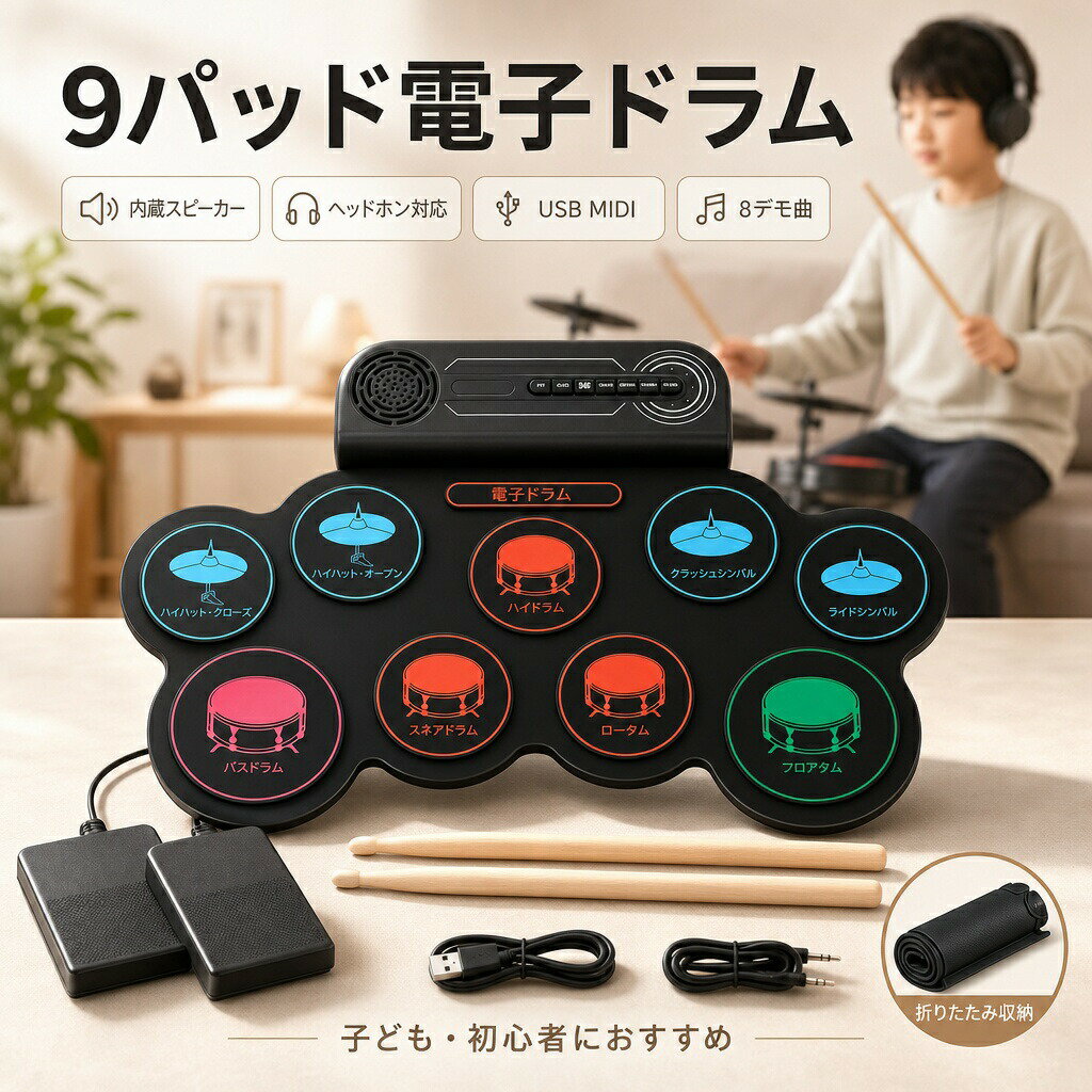 【リアルな演奏感を再現する9パッド設計】スネア、タム、シンバル、バスドラムなど9種類の感応パッドを搭載し、本格的なドラム演奏感を再現。折りたたみ可能で収納持ち運びにも便利です。【内蔵スピーカー＆ヘッドホン対応】スピーカー内蔵でそのまま演奏可能。ヘッドホン接続にも対応しているため、夜間練習や周囲を気にせず静かに演奏できます。10段階音量調整機能付きです。【デュアルペダルで本格的な操作感】ハイハット用とバスドラム用の2種類のペダルを搭載し、リアルなフットワークを再現。初心者でも本格的なドラム演奏を楽しめます。【多彩なサウンド＆練習機能】5種類のドラム音色、8曲のデモソング、3種類のメトロノームリズムを内蔵。練習から演奏まで幅広く対応します。【USB MIDI対応＆長時間使用】USB MIDI機能を搭載し、PC接続によるゲームDTM音楽録音にも対応。2000mAh内蔵バッテリーにより、約8〜12時間連続使用可能です。【耐久性に優れたシリコン素材】柔らかく耐久性の高いシリコンパッドを採用。汚れも拭き取りやすく、お子様や初心者にも安心して使用できます。商品参数ドラム材質：シリコンドラムスティック材質：メープル材電源：DC 5V入力電力：2.5W出力電力：2W音量調整：10段階接続端子：USB端子 / MP3端子ドラム構成：スネアドラム ×1ミドルタム ×3クラッシュシンバル ×1リズムドラム ×1ハイハット ×2バスドラム ×1ペダル：ハイハットペダル / バスドラムペダルドラム音色：5種類デモ曲：8曲リズムパターン：3種類バッテリー：内蔵リチウム電池バッテリー容量：2000mAh操作?明電源ボタンを押すだけで使用可能です。包装内容電子ドラム本体 ×1デュアルペダル ×1ドラムスティック ×2USBケーブル ×1オーディオケーブル ×1取扱説明書 ×1