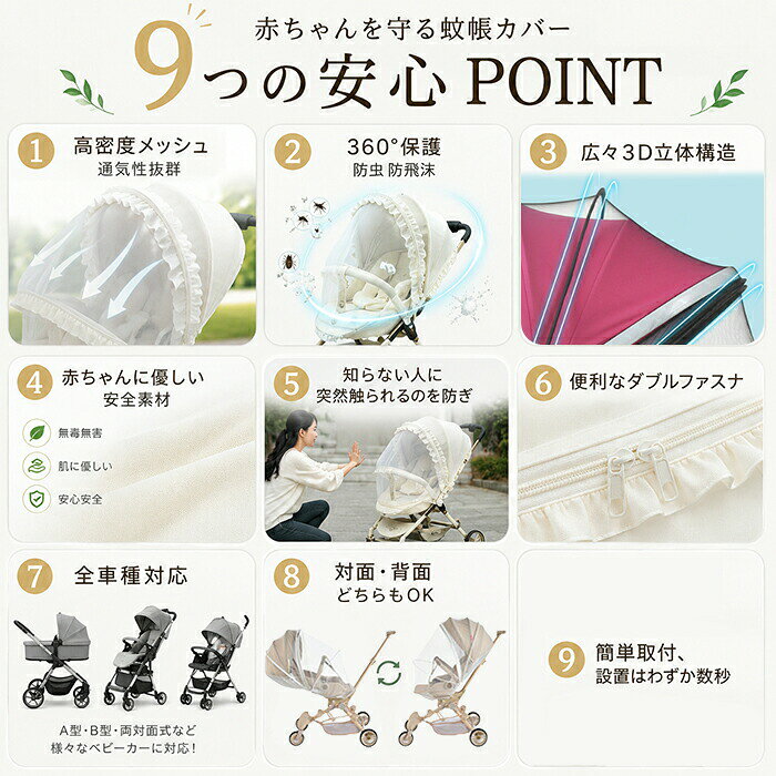 HIRO Online Shopのベビーカー 蚊帳 ベビーカー用蚊帳 虫除けネット 防虫カバー 高密度メッシュ UVカット 虫除け カバー 折りたたみ式 伸縮タイプ モスキートネット 飛沫よけ 日よけカバー フリル付き 可愛い ファスナー 通気 ホコリよけ ワイヤー入り簡単収納｜アングル3