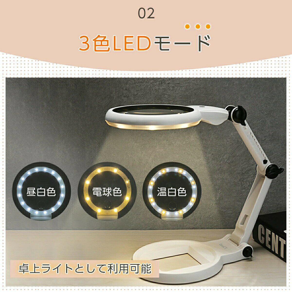 HIRO Online Shopの拡大鏡 卓上式 ルーペ 【倍率6倍&12倍】LEDライト付き USB給電/乾電池式 直径11.2cm 21灯 2種類レンズ 伸縮アーム 3種色温度 虫眼鏡 スタンドルーペ 折り畳み式 置き型 卓上ライト 手芸 作業 縫製 読書用拡大鏡 CT250｜アングル3