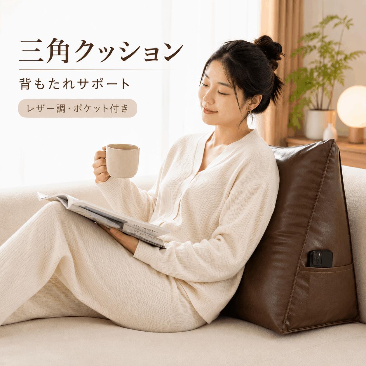 ソファ時間の疲れ」を軽減する設計長時間ソファで過ごすと、背中や腰に負担がかかりやすくなります。本製品は「肩背中腰」の3点をバランスよく支える設計で、自然な姿勢を保ちながらリラックスできる環境を作ります。POINT 1｜3点サポート構造肩をやさしく支える上部設計背中にフィットする背面サポート腰を安定させる下部サポート→ 体圧を分散し、長時間座っても疲れにくい構造POINT 2｜高反発PP綿でへたりにくい弾力性の高いPP綿を使用し、沈み込みすぎず、しっかりと体を支えます。ふんわり柔らかいのに支える構造長時間使用しても形崩れしにくいPOINT 3｜レザー調素材（防水耐汚れ）上質なレザー調素材を採用。水や汚れが染みにくいサッと拭くだけでお手入れ簡単ペットや飲み物使用時も安心POINT 4｜便利なサイドポケット付きスマホリモコン小物を収納可能。ソファ周りがすっきり手を伸ばさずに快適使用POINT 5｜取り外し可能カバー（洗濯対応）ファスナー仕様でカバーの着脱が簡単。清潔を保ちやすい設計長期使用にも対応使用シーン読書時間映画鑑賞ティータイム在宅ワーク昼寝リラックス→ 日常のソファ時間を“快適ゾーン”に変えるクッションカラーバリエーションアイボリーキャメルブラック