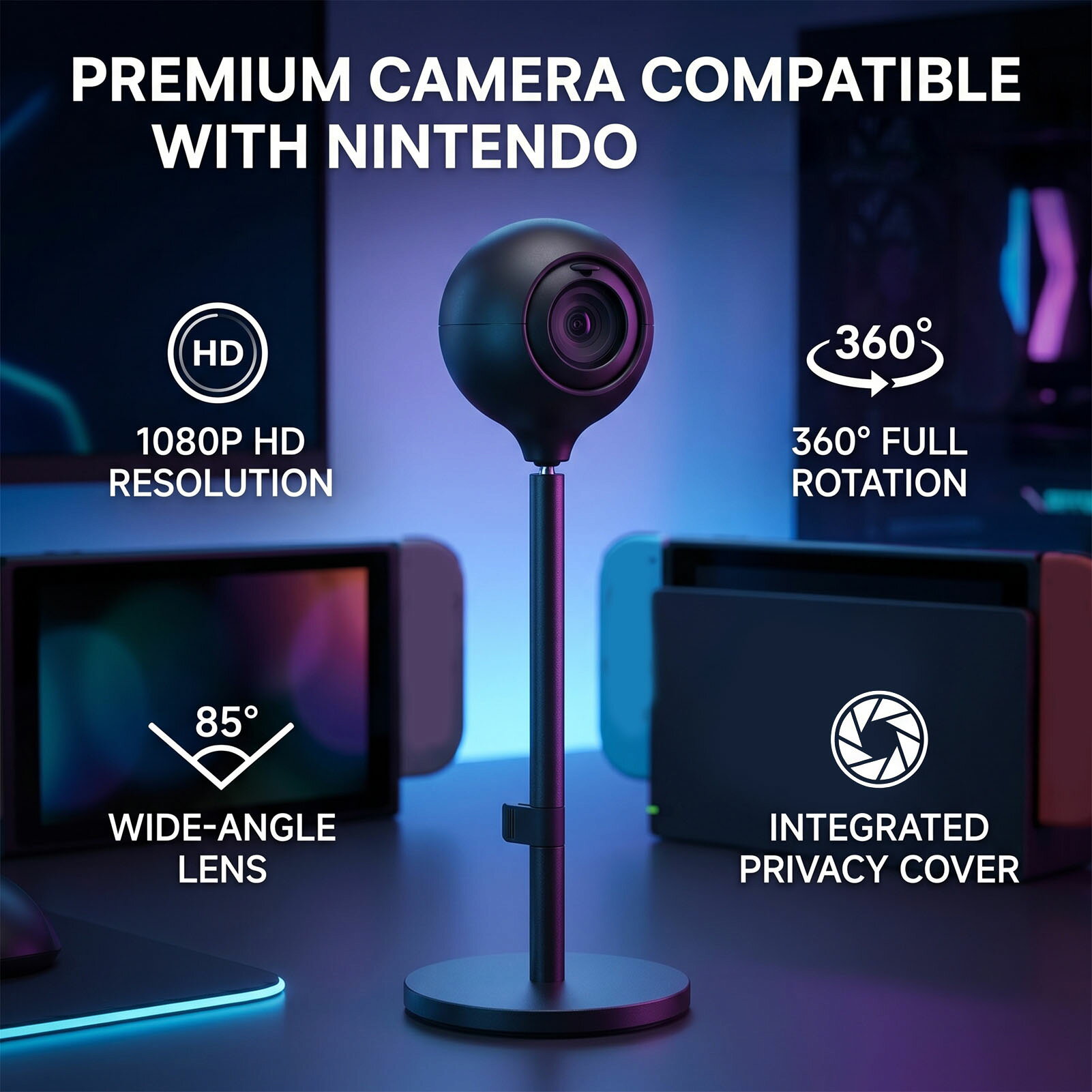 Switch 2専用カメラ USB-Cウェブカメラ 1080P PC対応 プラグアンドプレイ 200万画素 高画質 85°広角レンズ 360度角度調整 着脱式USB-Cケーブル プライバシーカバー 携帯/テーブル/TVモード ビデオチャット 写真 録画 軽量 ポータブル