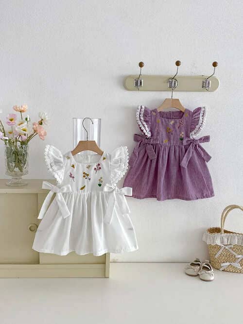 子供ワンピース女の子花刺繍レースフリル袖バックリボンドレスホワイトパープル9M1...