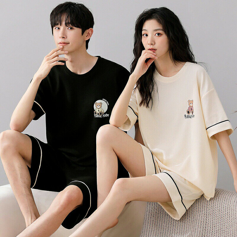 HIRO Online Shopのペア パジャマ 半袖 夏 男女2着 セット メンズ ルームウェア パジャマ 春夏 レディース ペアパジャマ ギフト おしゃれ カップル ペア 結婚祝い プレゼント スウェット 上下セット 部屋着 寝間着 パジャマ カップル お揃い プレゼント ペアルック クマ シンプル 可愛い｜アングル2