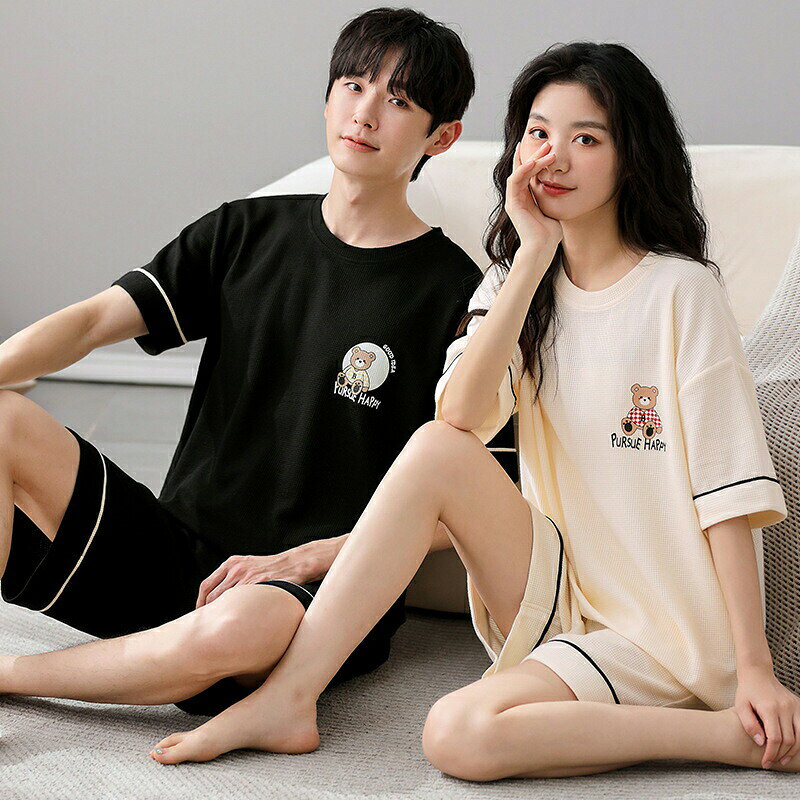 HIRO Online Shopのペア パジャマ 半袖 夏 男女2着 セット メンズ ルームウェア パジャマ 春夏 レディース ペアパジャマ ギフト おしゃれ カップル ペア 結婚祝い プレゼント スウェット 上下セット 部屋着 寝間着 パジャマ カップル お揃い プレゼント ペアルック クマ シンプル 可愛い｜アングル3