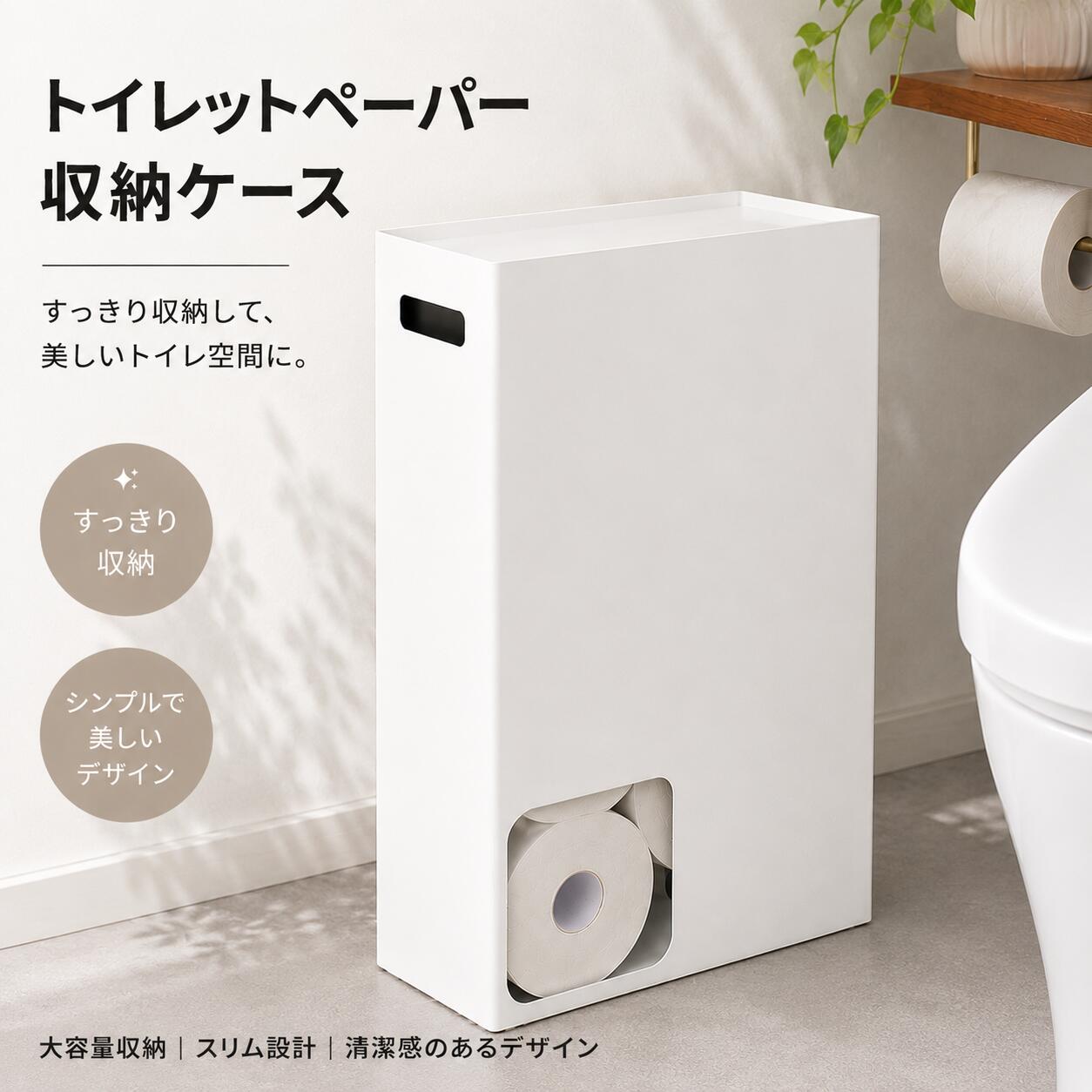 品名トイレットペーパーストッカーサイズ約 幅33 × 奥行12.8 × 高さ48 cm重量約3kg材質スチール（粉体塗装）耐荷重トレー：約4kgカラーホワイト入数1個備考対応サイズ：約幅11.5 × 直径11.5cmまでのトイレットペーパー 収納可能数：約12ロール