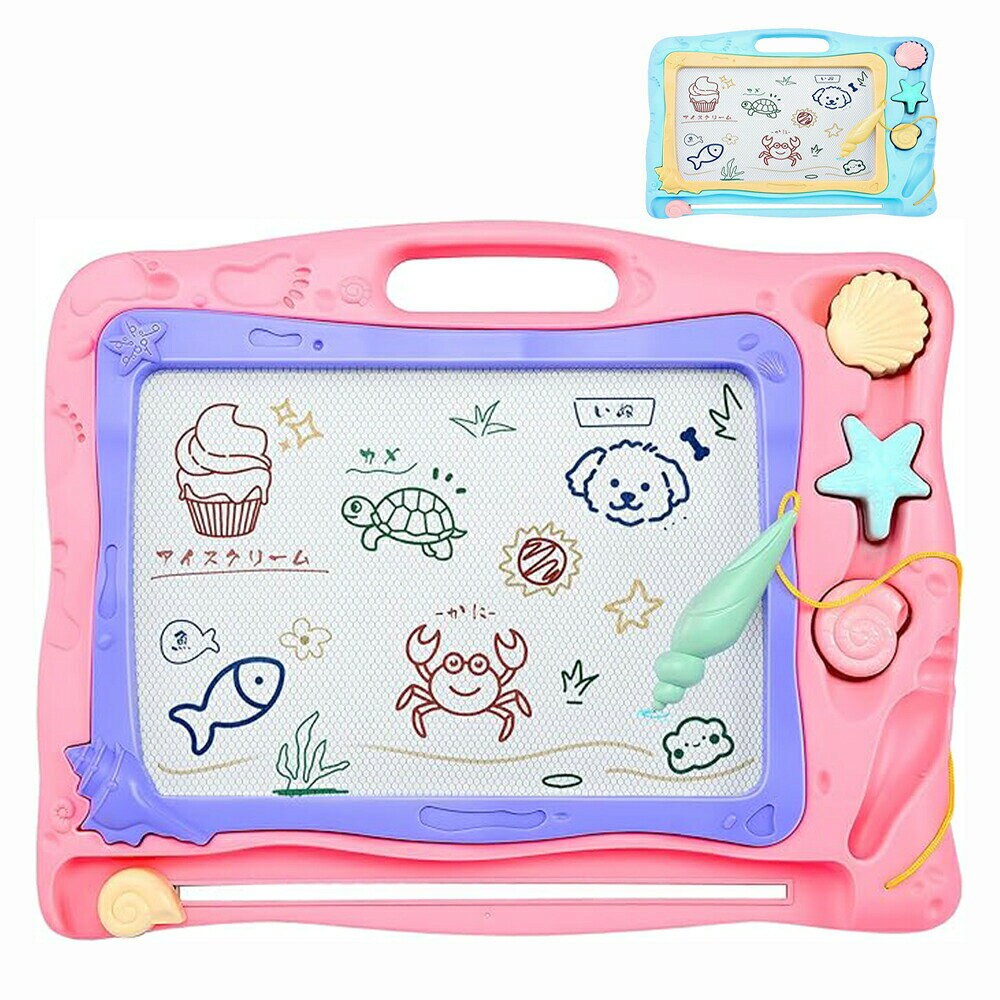 商品情報大きなサイズ本体サイズは40.3×31.2×4cm、描く部分は27.5×18.3cmです。広々としたスペースで思う存分描くことができます。4色カラー描く場所により赤、緑、黄色、青のカラフルな線が出てきます。スタンプを使えばさらに色とりどりの模様が楽しめます。繰り返し使えるレバーを左右に動かすだけで描いた線が消せます。何度でも使えて経済的で便利です。安/心な素材安/全性の高いプラスチック素材を使用。手や服を汚すことなく安心してお絵かきを楽しめます。便利で実用的な設計ペンを本体に固定できるので、紛失の心配がありません！また、取っ手が付いており、持ち運びが簡単です。