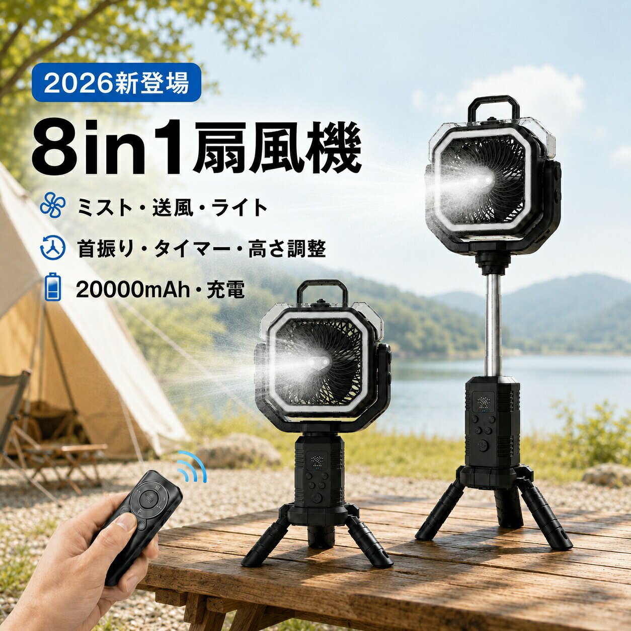 【猛暑対策の決定版】今売れています！外遊びも、ベランダ作業も、これ1台で「極冷スポット」に変貌！エアコンの利かない場所での熱中症予防に。ご自宅用はもちろん、大切な方への熱中症対策ギフトとしても注文殺到中！エアコンの利かない屋外でも、マイナス10の極冷極上空間へ！コードレス多機能ミストファン新登場圧倒的な大風量 × 超微細ナノミストが、熱中症リスクを瞬時に吹き飛ばす！こんなお悩み、ありませんか？夏のキャンプやBBQ、テントの中が蒸し風呂状態で熱中症が心配...子供の部活動の応援や屋外スポーツ、普通の扇風機じゃ「熱風」が吹くだけで意味がない...ベランダ菜園や洗車、DIY中、暑すぎて10分も作業がもたない...圧倒的な支持を集める4つの革新的メリット[1] 【瞬間冷却】超微細ミスト×強力送風 水が気化する際の冷却効果を最大限に活かし、体感温度を劇的に下げます。肌を濡らしすぎない超微細ナノミストのため、心地よい涼しさだけが肌を包み込みます。 [2] 【コードレス】超大容量バッテリー搭載 ?源のないアウトドアや厳しい直射日光下でも、コンセントの位置を気にせずどこでも設置可能。?時間の連続稼働に対応し、朝から晩まで涼しい風を届け続けます。[3] 【タフ仕様】屋外に最適な高耐久設計 衝撃に強く、安定感のある頑丈なスタンドを採用。風が強い屋外でも倒れにくく、キャンプ場、砂浜、庭先、工事現場など、あらゆるハードな環境に対応します。 [4] 【多機能】LEDライト 夜間のランタンとしても使える高輝度LEDライトを内蔵。さらにモバイルバッテリー機能も備えているため、緊急時や防災グッズ、停?対策としても抜群の安心感を提供します。日常から非日常まで！あらゆるシーンで大活躍アウトドアレジャー： キャンプ、BBQ、海水浴、ピクニック、釣り、天体観測に。スポーツイベント： 子供の運動会、サッカーや野球のクラブ活動のベンチ、ゴルフ練習場に。ホームユース： 自宅のベランダ（ベランピング）、お庭でのガーデニング、ガレージでの洗車DIY作業に。ビジネス現場： 冷房の利かない倉庫、ビニールハウス、建設現場の熱中症対策休憩所に。大切なあの人へ「涼しさ」を贈る、夏の極上ギフト実用性抜群のこのミストファンは、季節の贈り物としても大変喜ばれています。「父の日」「母の日」のプレゼントとして、お庭仕事やゴルフが好きなご両親へ。また、「お中元」「暑中見舞い」として、日頃お世話になっている方への健康を気遣う贈り物に最適です。さらに、アウトドア好きな友人への結婚祝いや新築祝い、お誕生日プレゼントにも選ばれています。