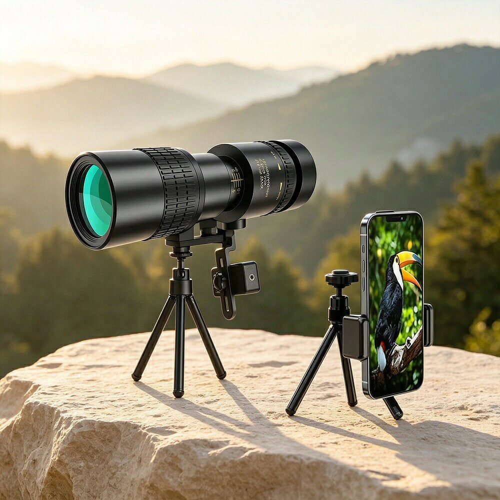 商品説明【10-300x40mm 高倍率レンズ】10倍から300倍まで無段階で調整可能な高倍率ズームレンズを搭載し、お好みの倍率で遠くの被写体を鮮明に捉えます。フルマルチコーティング（FMC）とBAK4プリズムを採用し、光の反射を最小限に抑え、優れた光透過率と明るさを実現。コンサートホールのような薄暗い会場でも、夕暮れ時や曇り霧の日でも、立体的で明るくクリアな視界が広がります。【スマホ撮影機能＆三脚付きで手ブレ防止】滑り止めのスマートフォンアダプターがほとんどのスマホに対応し、接眼レンズにしっかり固定できます。付属の標準三脚を使えば手ブレを防止し、最適な角度に調整してハンズフリーで高品質な撮影が可能です。取り付けも簡単で持ち歩きに便利、いつでもどこでもお好みの写真が撮影できます。【防水防曇耐衝撃設計】本体内部に窒素ガスを充填した防水構造により、雨や水しぶきがかかっても光学系内部に曇りやカビが生じにくい設計。接眼レンズとの接続部分は防滴仕様で、アウトドアでの使用にも安心です。ゴム製ボディは耐衝撃性に優れ、滑り止め効果も備えた実用的な設計です。【幅広いシーンで活躍】スポーツ観戦コンサート天体観測登山釣りバードウォッチングなど、あらゆるアウトドアシーンに対応。軽量コンパクト設計で携帯にも便利です。