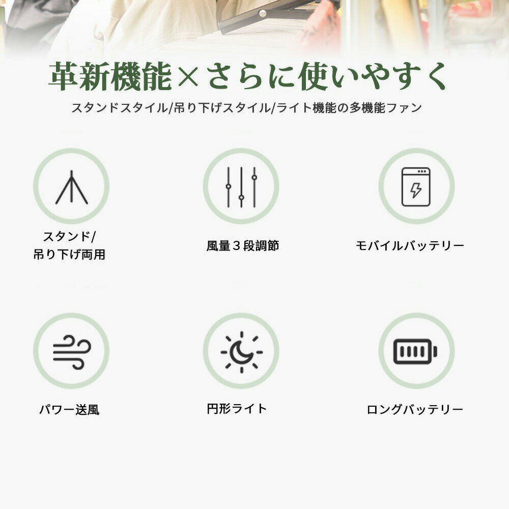 扇風機 多機能 キャンプ ファン スタンド 吊り下げ 卓上 LED ライト機能 軽量で 10000mAh大容量 バッテリー内臓式 コードレス 静音設計 パワー送風 多段階調節 伸縮式 静音 省エネ 熱中症対策 多機能ファン アウトドア扇風機 2