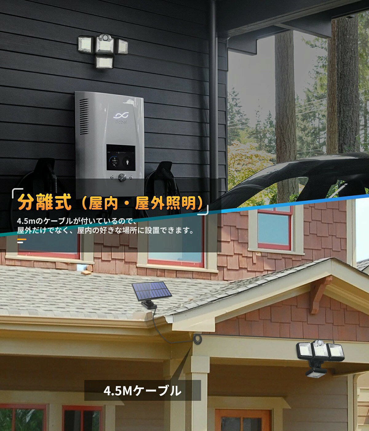 ソーラーライト 屋外 センサーライト 分離型 屋内/屋外使用可192LED/4.5Mケーブル/光束最大3000ルーメン/4面発光/360°角度自由調整/IP65防水2600mAh電池人感センサーライト壁掛けガーデンライト玄関/駐車場/ガレージ 停電/防犯対策防災 hiroshop-10002949 HIRO Online Shop サンプル画像3