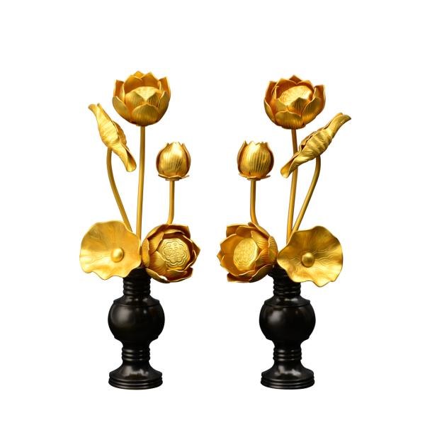 常花 仏具 常花蓮華 金蓮華 3号5本立て 軽合金 消金 1対 蓮の花 仏具 仏壇用 お供え 飾り 仏花 アルミ製